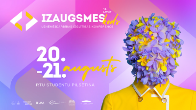 ilustratīva vizualizācija rozā un violetos toņos par konferenci